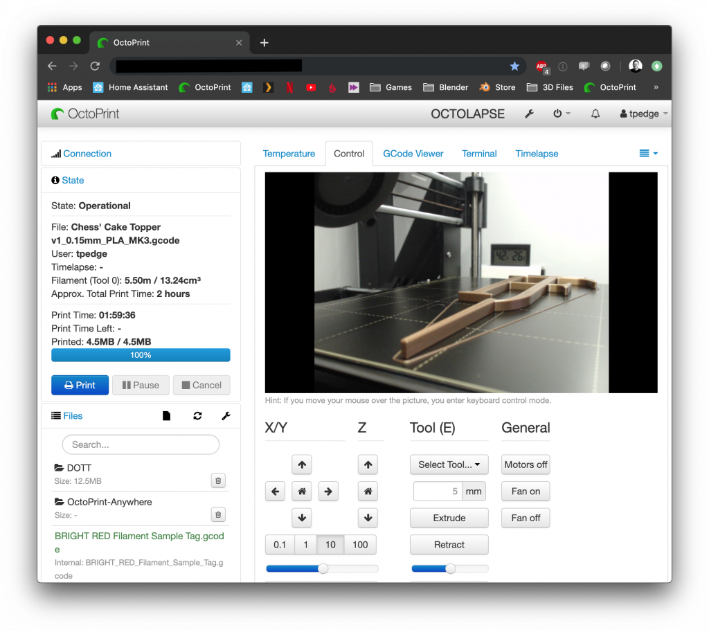 Screenshot of OctoPrint Web Interface in Chrome